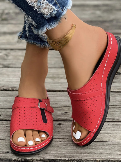 Casual Comfort Buckle Strap Sandals, red perforated uppers with buckle straps and black sole (pair)