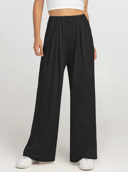 Elastic Waist Wide Leg Palazzo Pants in black with a comfortable elastic waistband for a flowing silhouette.