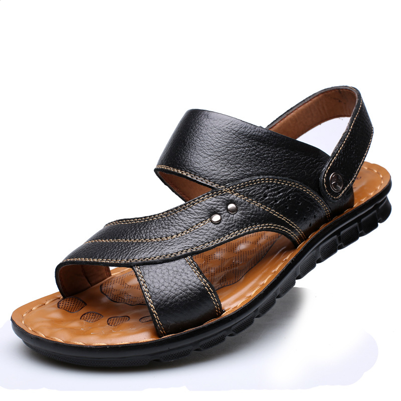 Men's black leather sandals with adjustable back strap and cushioned footbed