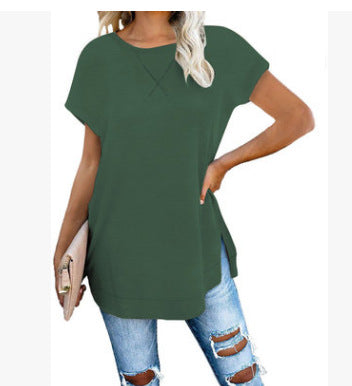 Blusa de mujer de color liso con cuello redondo y hombros caídos