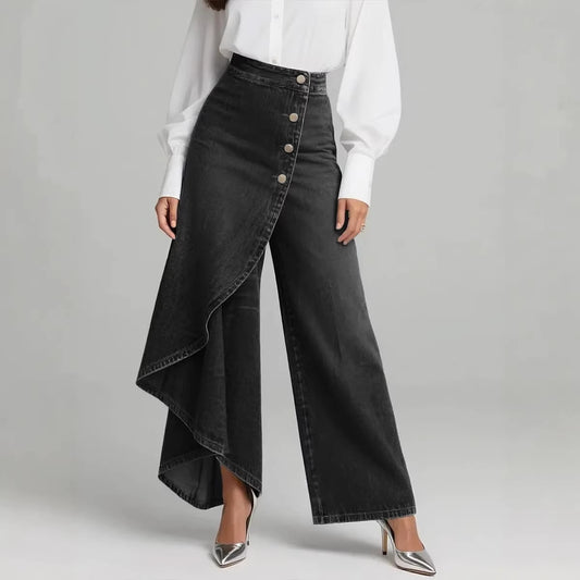 Pantalones únicos de pernera recta a la moda con volantes grandes y botones, pantalones de mujer, ropa vaquera de imitación
