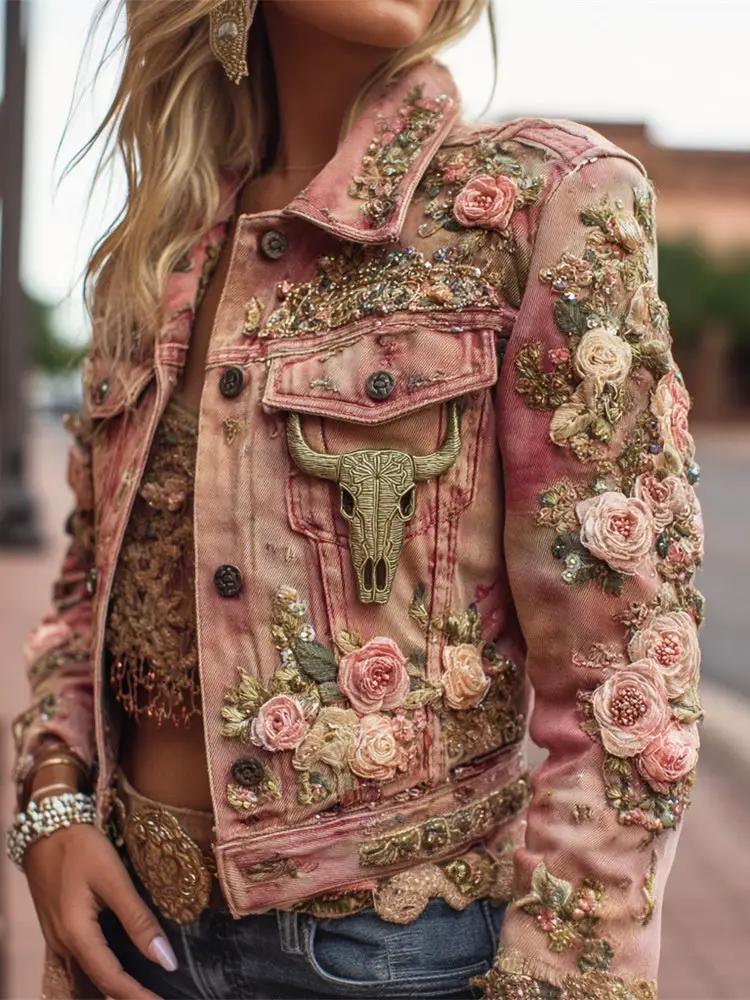 Autumn Retro Washed Long-Sleeve Denim Jacket, pink denim with floral embroidery and a bull skull patch