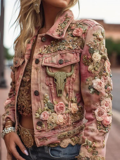 Autumn Retro Washed Long-Sleeve Denim Jacket, pink denim with floral embroidery and a bull skull patch
