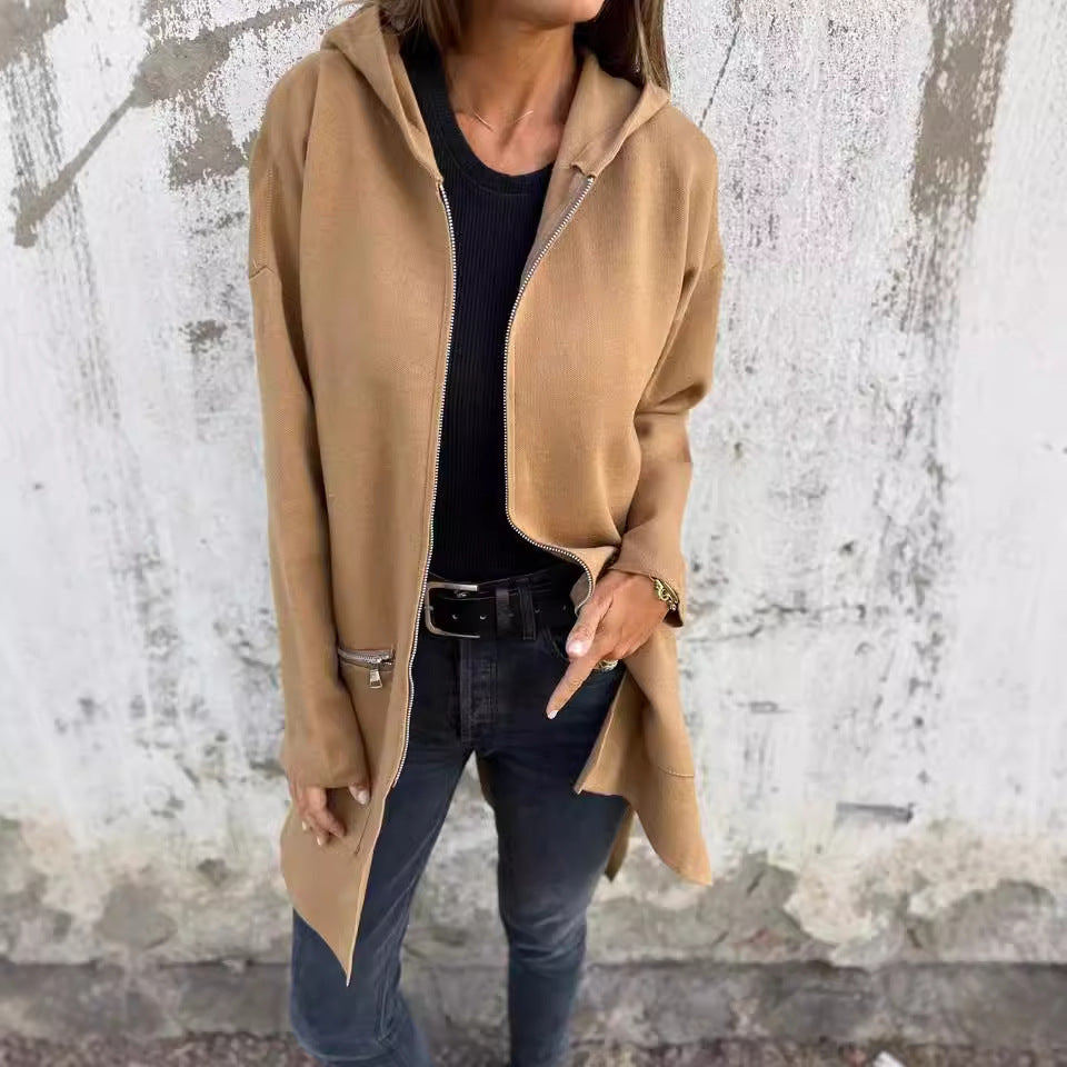 Zip-up Hooded Cardigan Coat Fashion Solid Color Pocket Jacket Fall And Winter Women's Coat Clothing