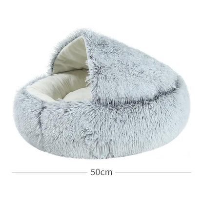 AdTec crystal velvet round cat bed, fluffy light gray fur with beige inner cushion, 50cm diameter.