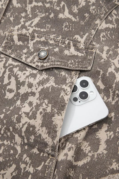 Abstract print denim jacket by Trendsi; beige-brown camouflage pattern, long sleeves, raw hem, phone in pocket