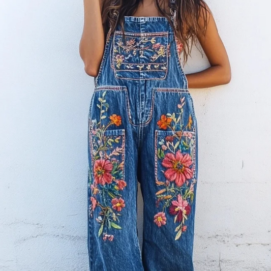 Combinaison en jean confortable vintage brodée de fleurs