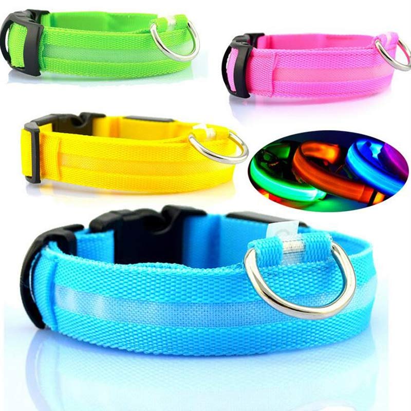 Collar luminoso de nailon con LED para mascotas, de seguridad nocturna, intermitente, que brilla en la oscuridad, correa ajustable para perros y gatos, suministros para mascotas