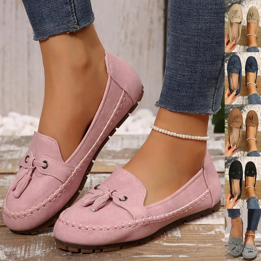 AdTec women's pink loafers with non-slip sole; soft comfortable flats, collage shows beige, blue, tan, gray, and black color variants.