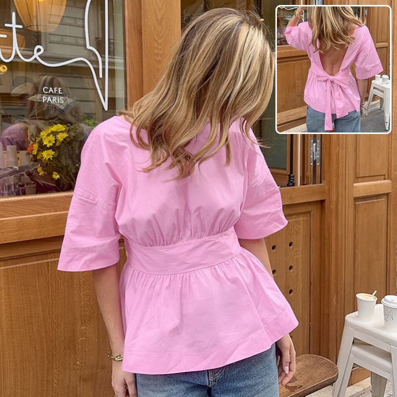 Camiseta de manga corta sin espalda de verano con diseño anudado en la espalda, top de moda de manga murciélago para ropa de mujer