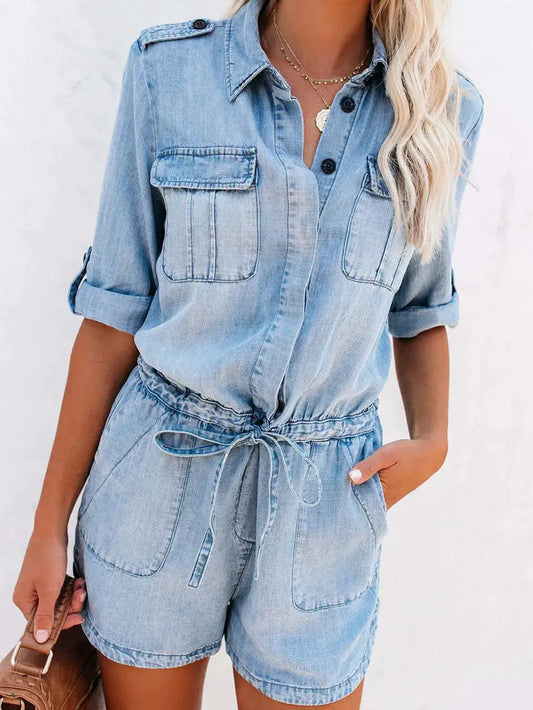 Denim romper in light wash with half-button front and drawstring waist