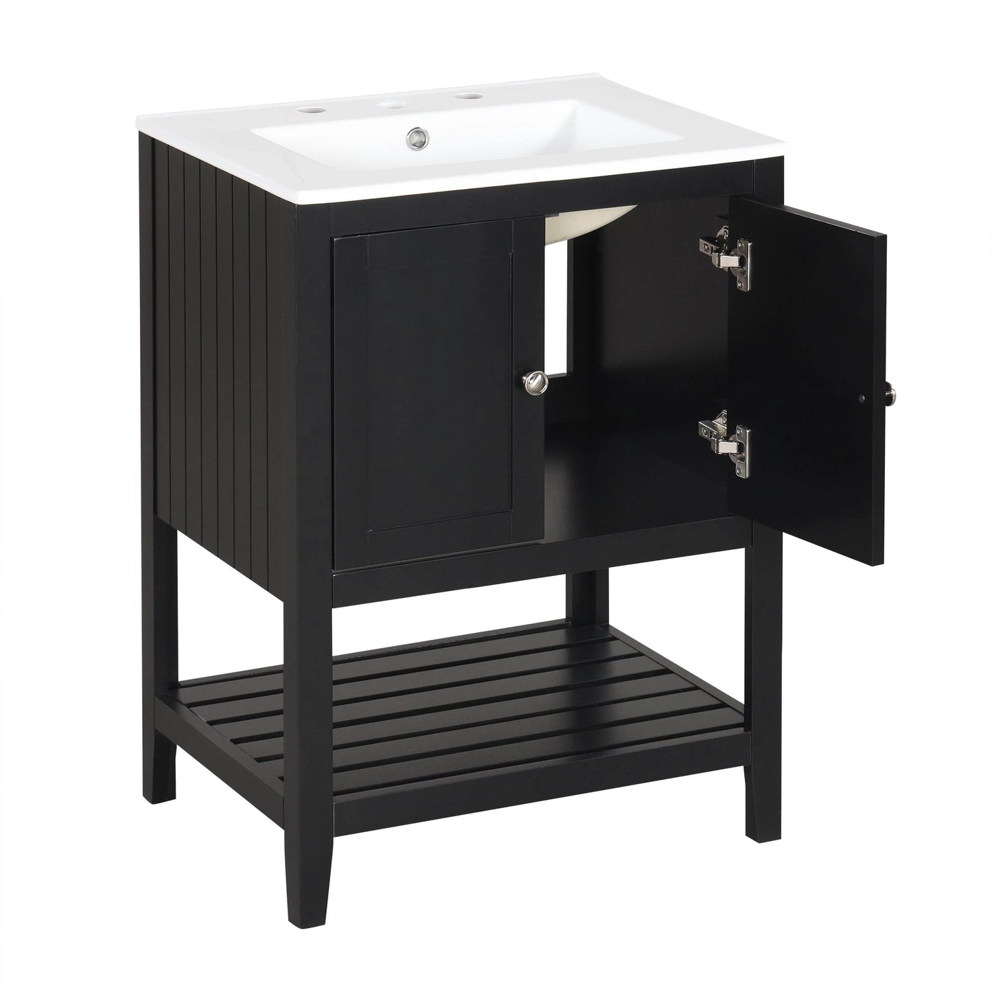 24" Black Modern Sleek Bathroom Vanity Elegant Ceramic Sink with Solid Wood Frame Open Style Shelf by eprolo