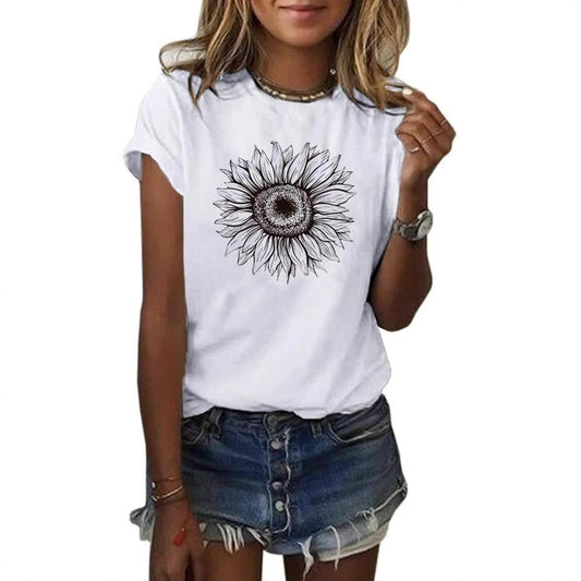 Camiseta de manga corta para mujer con estampado de girasol, top holgado de verano