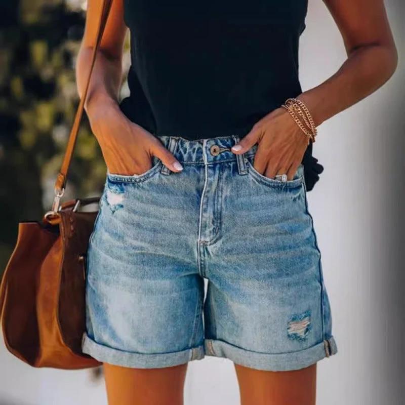 Fashion Street Style Rolled Hem Distressed Straight Leg Women's Denim Shorts by eprolo