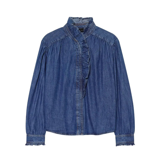 Casual blue denim shirt with a ruffle-edged front placket and puff sleeves