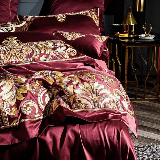 Embroidered Chinese cotton quilt cover bedding in burgundy with gold embroidery, AdTec.