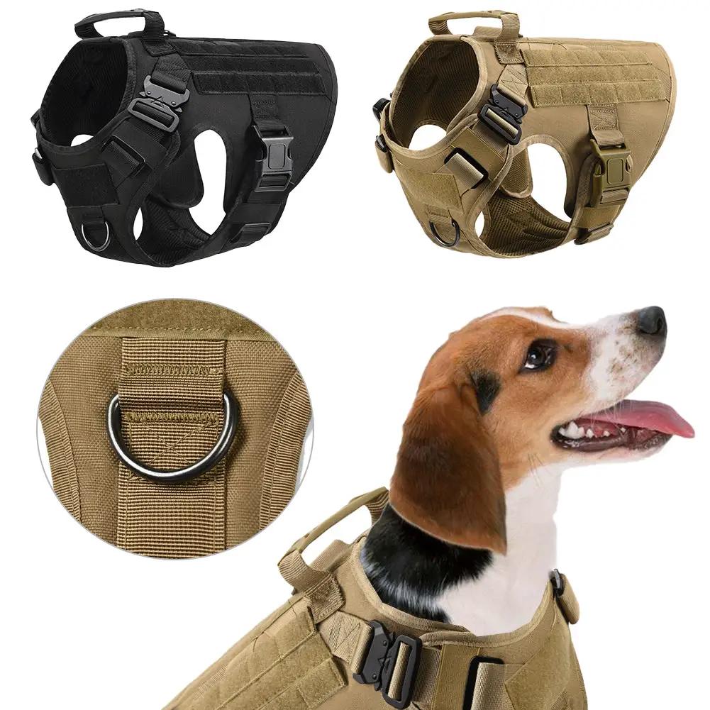 Two military tactical dog harnesses in black and tan; adjustable MOLLE-style with quick-release buckles