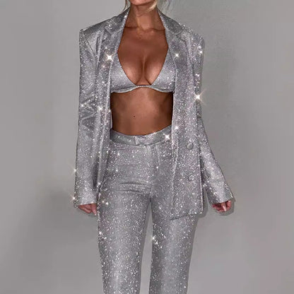 Traje brillante de 3 piezas de manga larga con sujetador, blazer de solapa y pantalones de pernera recta, conjunto de chaqueta de moda para fiesta, ropa de mujer