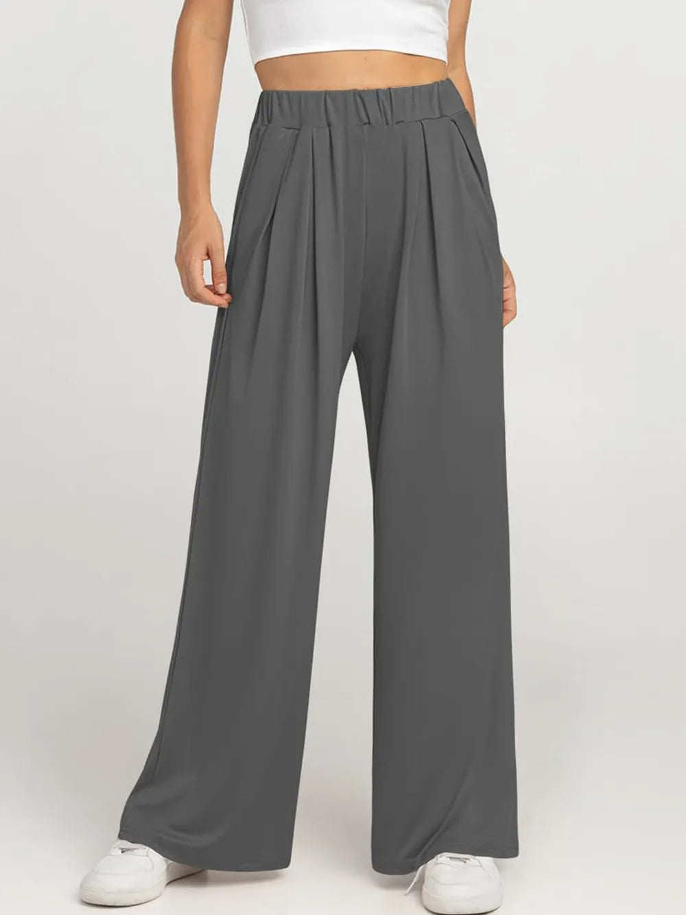 Elastic waist wide-leg palazzo pants by Trendsi in gray; women's clothing.