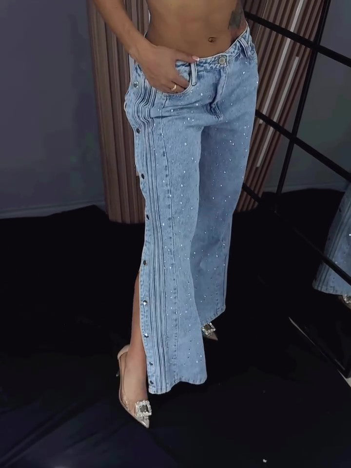 Button Polyester Rhinestone Fashion Jeans