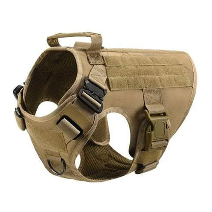 AdTec tactical dog harness for German Shepherd, tan with MOLLE panel and adjustable straps.