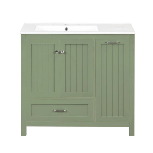 36 inch bathroom vanity with sink, one double door cabinet one large drawer and one flip drawer solid wood and MDF board, green by eprolo