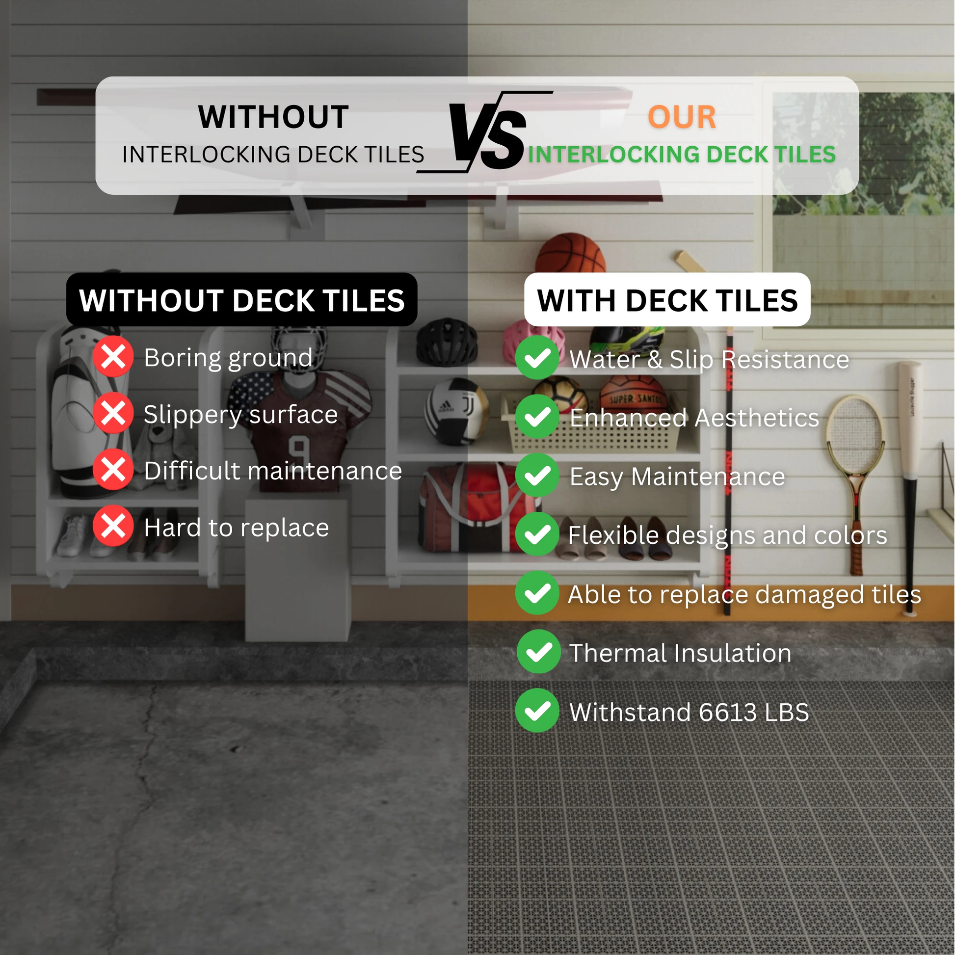 12 x 12 inch gray interlocking deck tiles, plastic waterproof, weighing up to 6613 pounds, with a rose pattern pack of 12 by eprolo