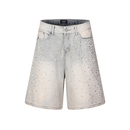 Short en jean imprimé perles avec marquage à chaud