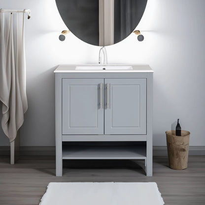 30" Bathroom Vanity with Sink, Multi-functional Bathroom Cabinet with Doors and Drawers, Solid Frame and MDF Board, Grey by eprolo