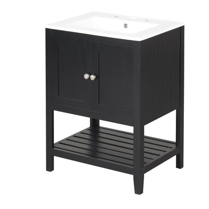 24" Black Modern Sleek Bathroom Vanity Elegant Ceramic Sink with Solid Wood Frame Open Style Shelf by eprolo