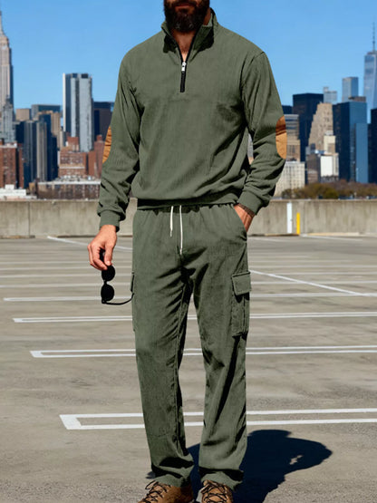 Mens olive green casual two-piece long-sleeve top and pants set, plus size