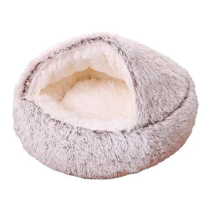 Deep Sleep plush round donut pet bed by AdTec, grey exterior with cream interior, semi-enclosed design