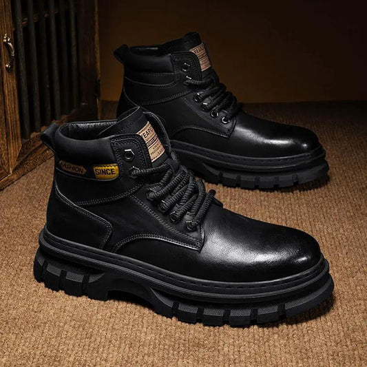 Vancore Men British High Top Martin Boots by AdTec, black leather with chunky lug soles, two boots
