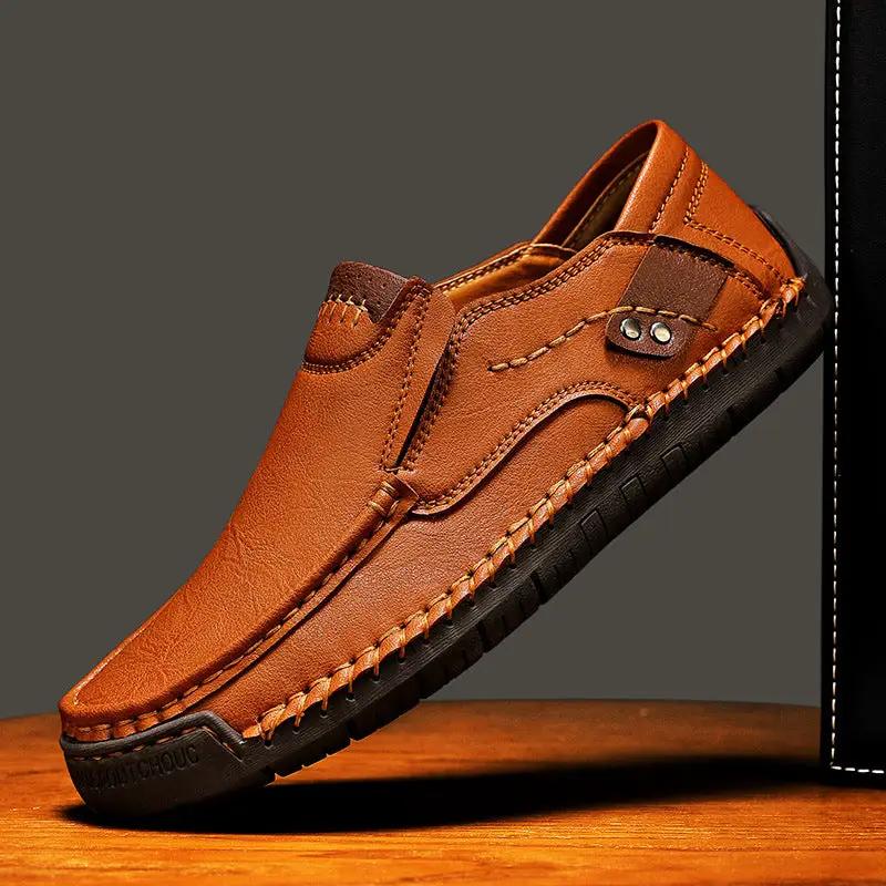 Meridian Hand Stitched Men's Outdoor Casual Shoes, tan leather slip-on with visible stitching and rugged sole