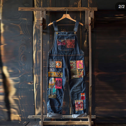 Vintage Patchwork Geometric Art Print Jeans Jumpsuit