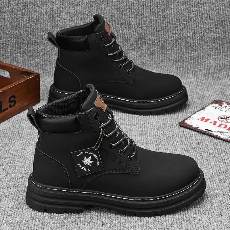 Winter Trendy Workwear Boots for Teens, black lace-up ankle boots with chunky rubber sole (pair)
