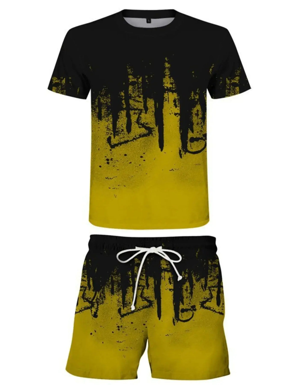Men's printed two-piece tee and shorts set with stretch, black-to-yellow gradient design and drawstring shorts