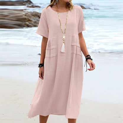 Vestido Midi Suelto Casual de Verano para Mujer de Lino y Algodón Transpirable de Manga Corta Vestidos de Longitud Media Vestido Sencillo de Playa para Mujer