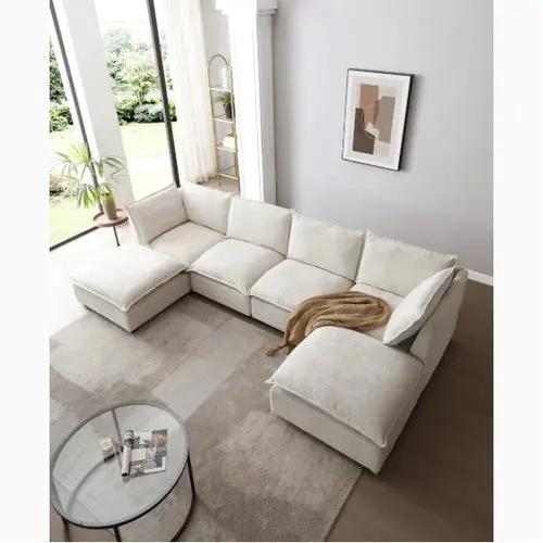 LuxeCasa modular linen sectional sofa with chaise in light beige fabric