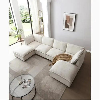 LuxeCasa modular linen sectional sofa with chaise in light beige fabric