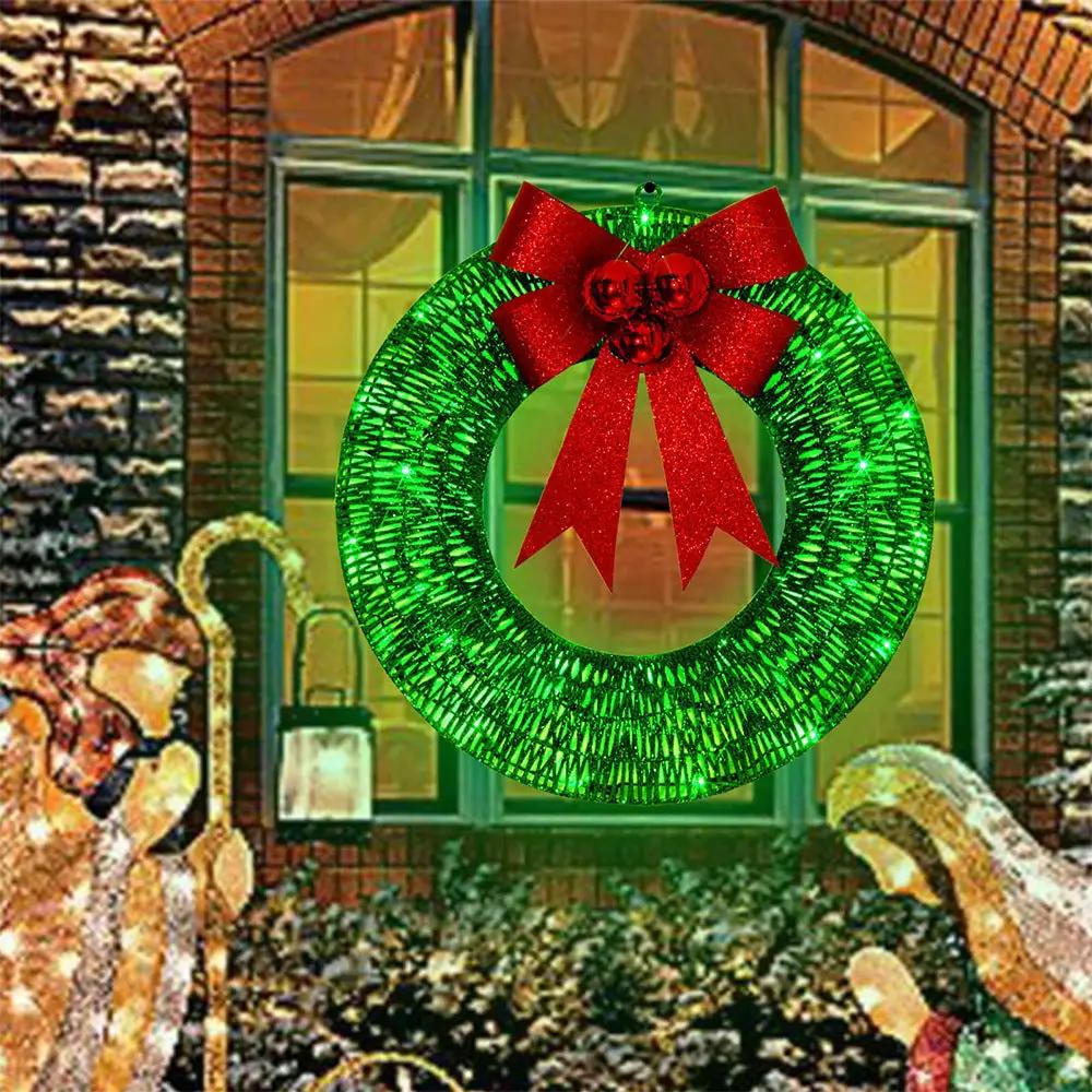 Christmas LED wreath, 50cm green metal garland with bright warm lights and a large red bowknot for front door