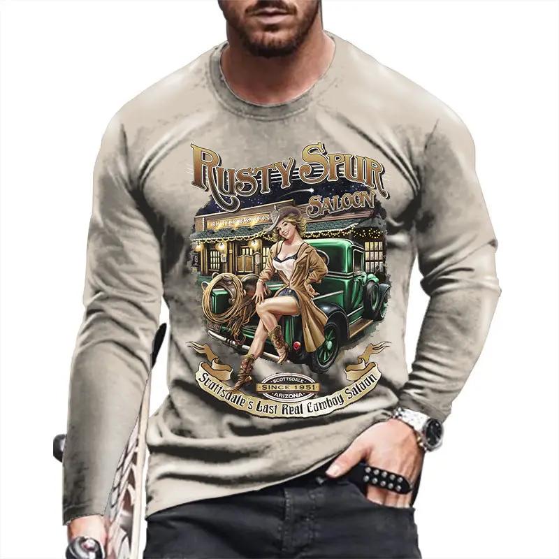 Men's long-sleeve T-shirt with Rusty Spur Saloon graphic on beige fabric