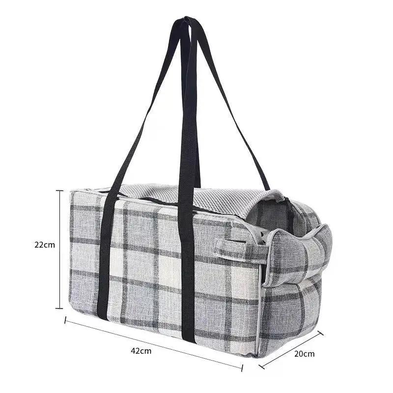 Car travel pet bag by AdTec, gray plaid fabric with breathable mesh, 42x22x20 cm, dual black straps