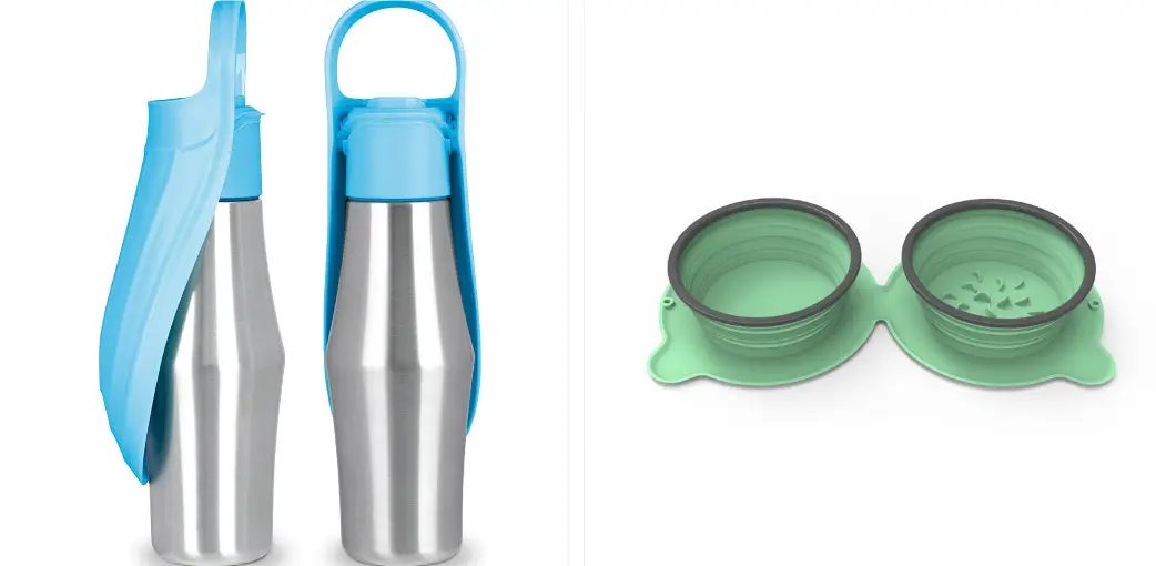 New portable dog water bottle with blue silicone sleeve and green dual travel bowls.
