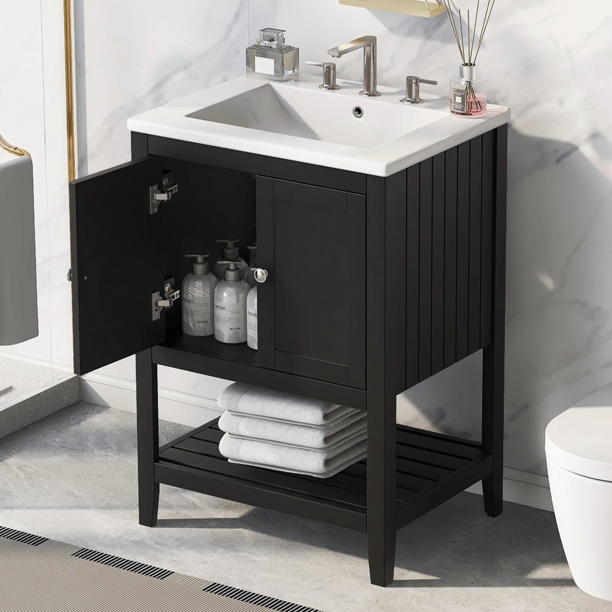 24" Black Modern Sleek Bathroom Vanity Elegant Ceramic Sink with Solid Wood Frame Open Style Shelf by eprolo
