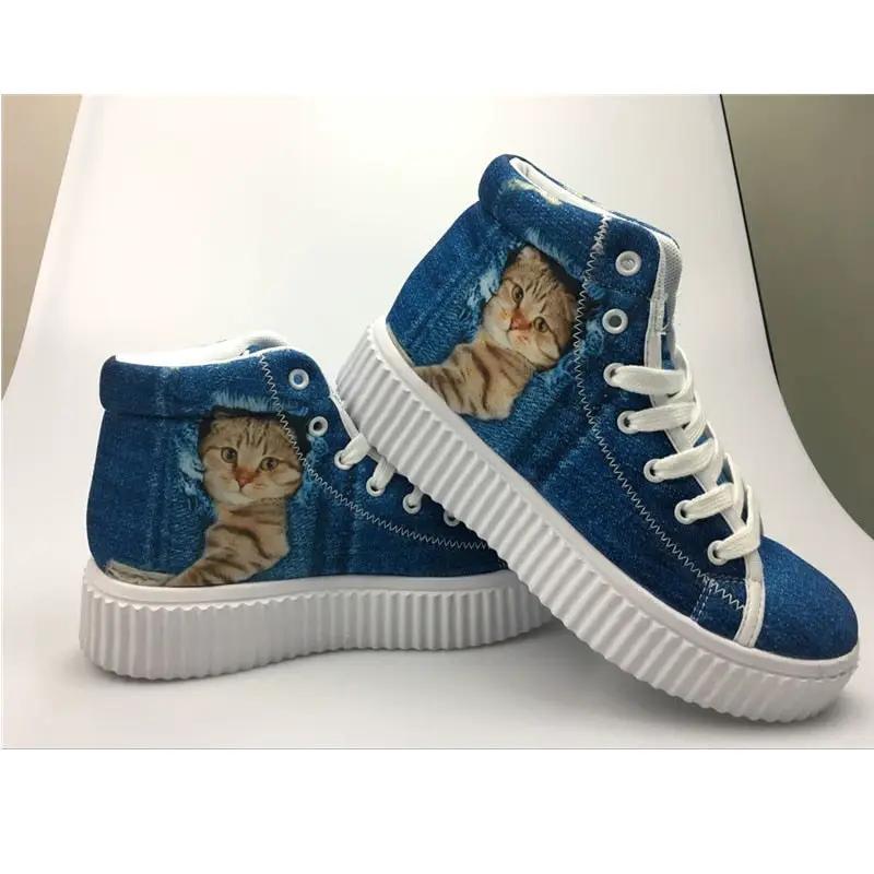 High-top platform shoes for women, blue denim with cat print by AdTec, white sole pair