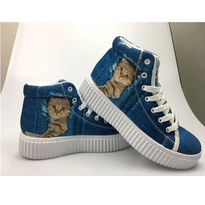 High-top platform shoes for women, blue denim with cat print by AdTec, white sole pair