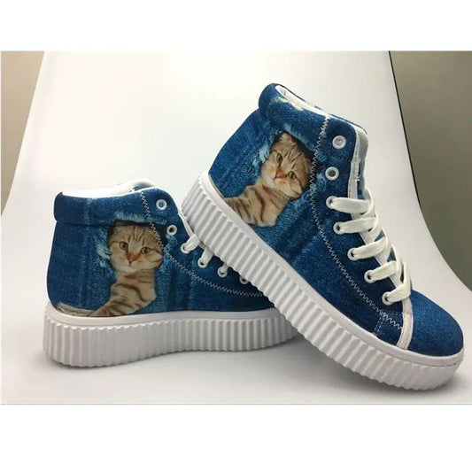 High-top platform shoes for women, blue denim with cat print by AdTec, white sole pair