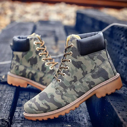 Celestia high-top snow boots, camouflage pattern, insulated; two boots pictured.