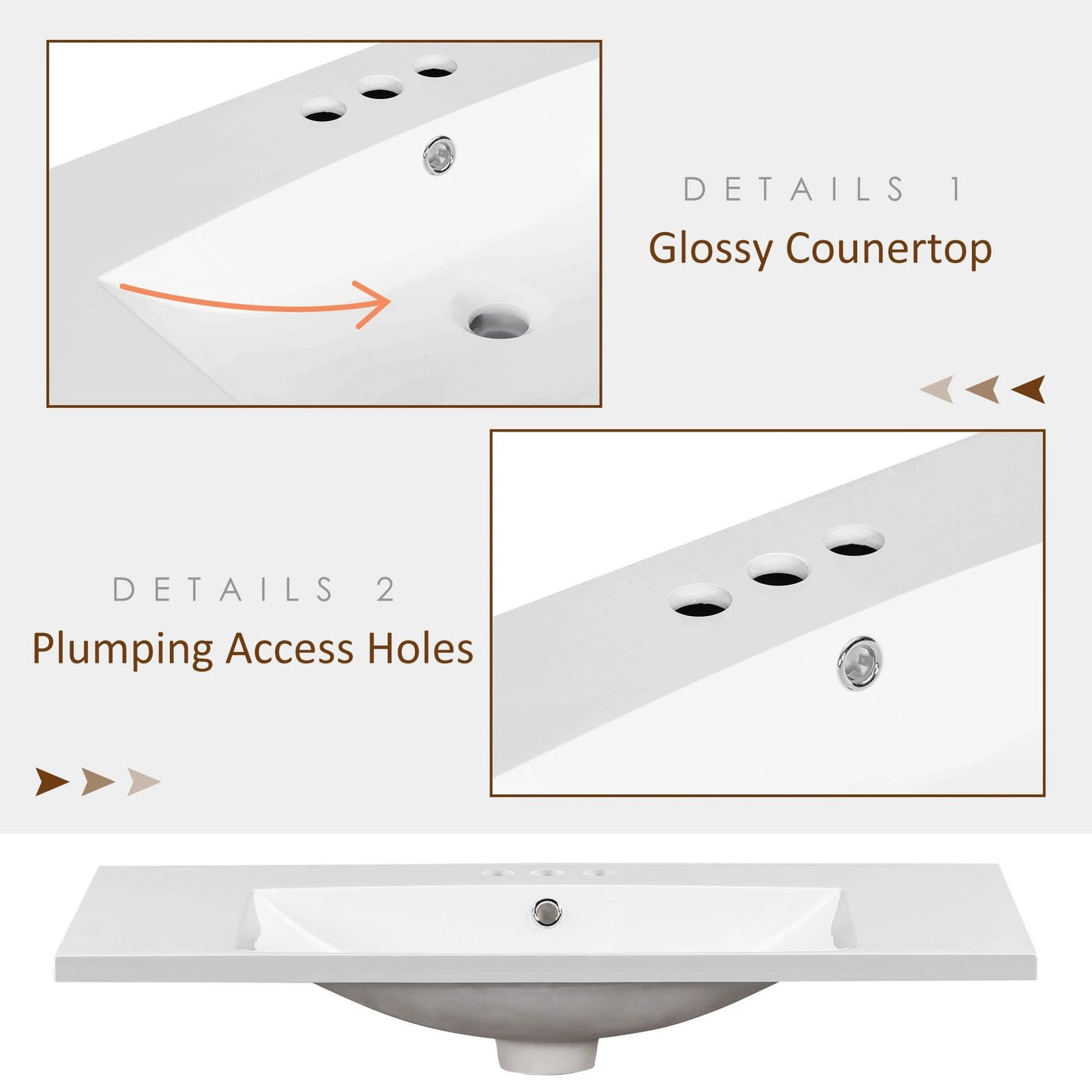 36" Single Bathroom Basin Sink, Vanity Top Only, 3-Faucet Holes, Resin by eprolo